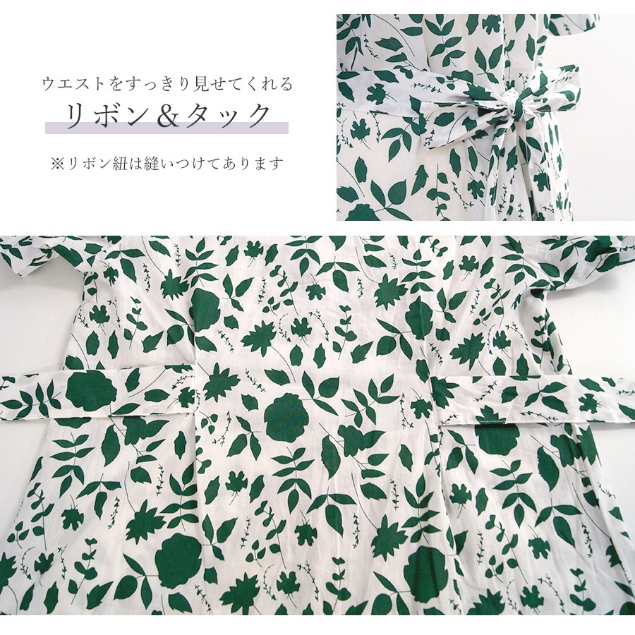 ワンピース パフスリーブ スクエアネック 半袖 ミドル丈 総柄 植物 ボタニカル柄 タック リボン シンプル ファスナー 韓国ファッション レトロ 大人 おしゃれ デート お出かけ レディース 春 夏 秋 新作 グリーン 緑 S M L JOCOSA 9200