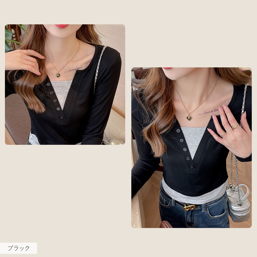 レディース トップス リブニット フェイクレイヤード レイヤード風 重ね着 学生 着膨れしない オフィスカジュアル 通勤 通学 韓国風 薄手 ショート丈 Vネック 華奢見え おしゃれ JOCOSA 7272
