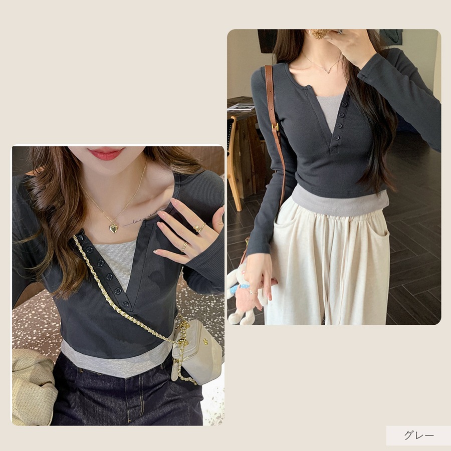 レディース トップス リブニット フェイクレイヤード レイヤード風 重ね着 学生 着膨れしない オフィスカジュアル 通勤 通学 韓国風 薄手 ショート丈 Vネック 華奢見え おしゃれ JOCOSA 7272