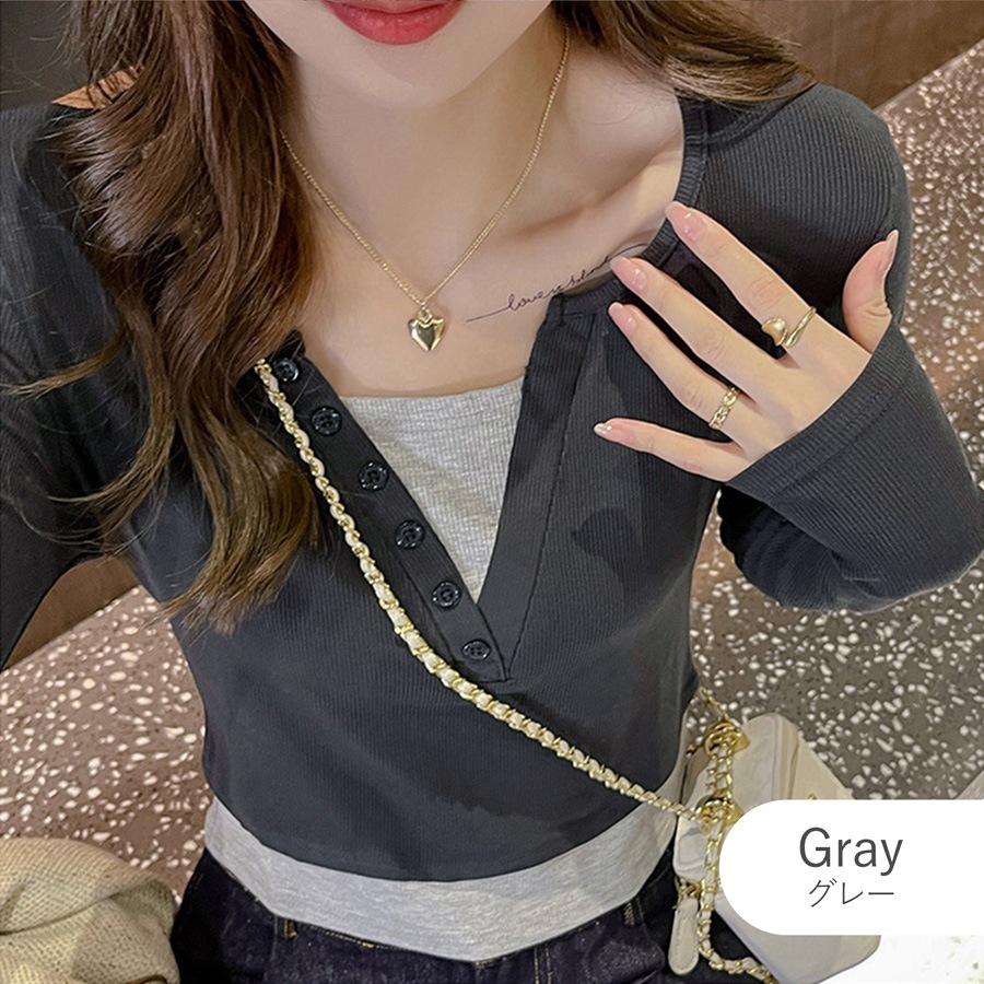 レディース トップス リブニット フェイクレイヤード レイヤード風 重ね着 学生 着膨れしない オフィスカジュアル 通勤 通学 韓国風 薄手 ショート丈 Vネック 華奢見え おしゃれ JOCOSA 7272