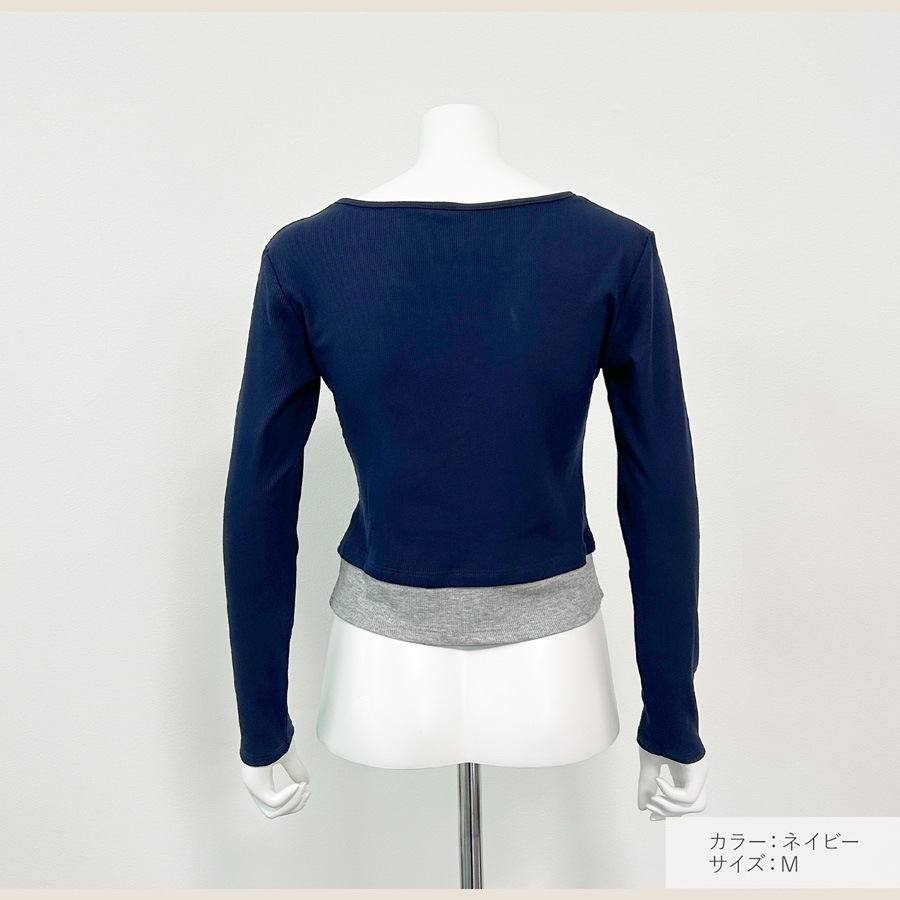 レディース トップス リブニット フェイクレイヤード レイヤード風 重ね着 学生 着膨れしない オフィスカジュアル 通勤 通学 韓国風 薄手 ショート丈 Vネック 華奢見え おしゃれ JOCOSA 7272