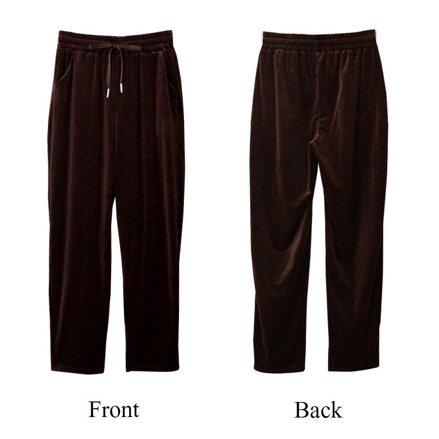 テパードパンツ レディース 春夏秋冬 新作 ズボン ボトムス ルームウェア ウエストゴム リブ コーデュロイ ベロア サイドポケット ロング リラックス 大人 可愛い かっこいい おしゃれ 韓国 韓国風 ブラック 黒 ダークグリーン 緑 アイボリー ブラウン 茶 MLXL JOCOSA 8174
