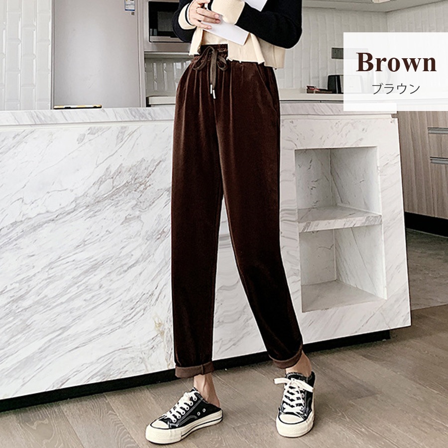 テパードパンツ レディース 春夏秋冬 新作 ズボン ボトムス ルームウェア ウエストゴム リブ コーデュロイ ベロア サイドポケット ロング リラックス 大人 可愛い かっこいい おしゃれ 韓国 韓国風 ブラック 黒 ダークグリーン 緑 アイボリー ブラウン 茶 MLXL JOCOSA 8174