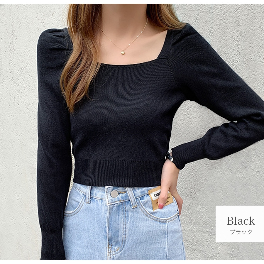 SENEE パフスリーブスクエアトップス　黒 SENEE パフスリーブスクエアネックトップス 黒 puff sleeve