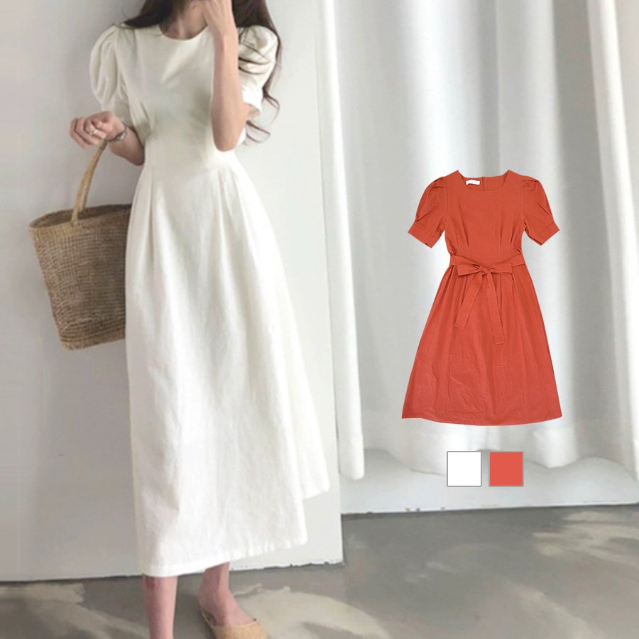 ワンピース 夏 韓国ファッション 半袖 ロング 膝下 シンプル 大人 フェミニン リボン パフスリーブ タック チャック おしゃれ デート レディース 春 秋 新作 ホワイト 白 レッド 赤 S M L JOCOSA 8899