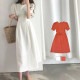 ワンピース 夏 韓国ファッション 半袖 ロング 膝下 シンプル 大人 フェミニン リボン パフスリーブ タック チャック おしゃれ デート レディース 春 秋 新作 ホワイト 白 レッド 赤 S M L JOCOSA 8899