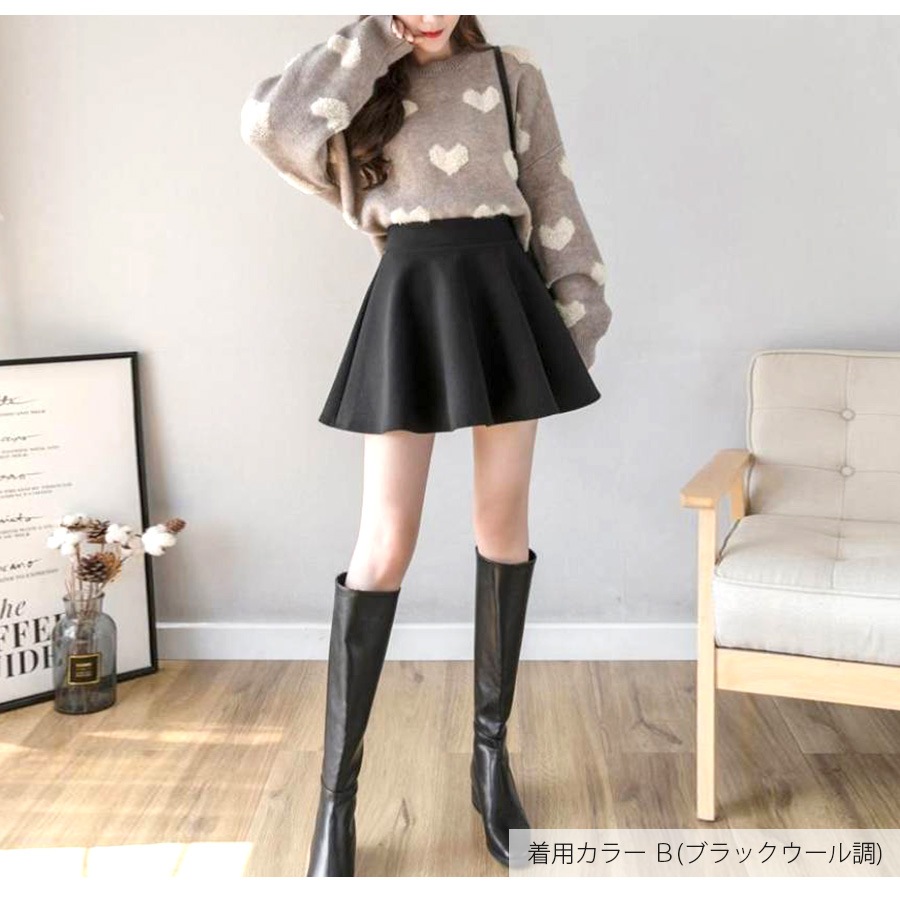 ミニスカート レザー調 ウール調 フレアスカート ペチパンツ一体型 秋 パンツタイプ裏地 ファスナー 合皮 革 PUレザー 無地 韓国ファッション ギャル セクシー 膝上 おしゃれ レディース 冬 春 新作 黒 灰 ブラック グレー  S M L JOCOSA 9107