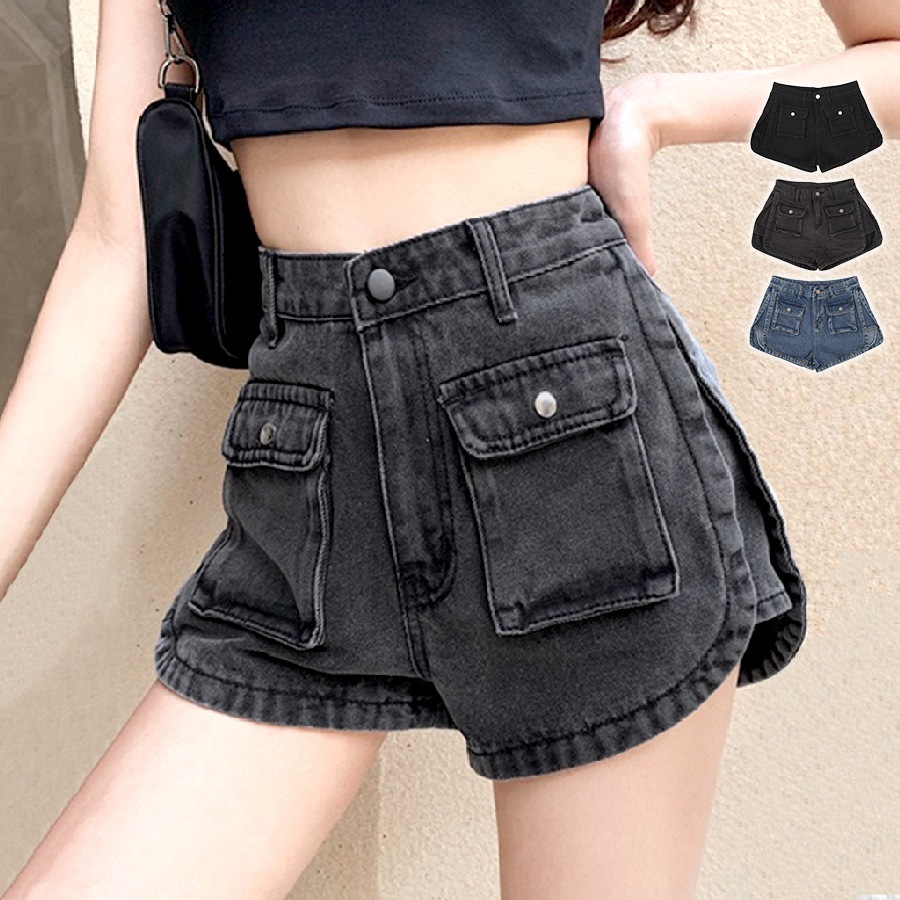 デニム ショートパンツ スリット 定番 ホットパンツ ポケット シンプル 脚長 パンツ カジュアル ミニ丈 ショート丈 韓国ファッション レディース 新作 春 夏 ブラック グレー ブルー S M L XL JOCOSA 9125
