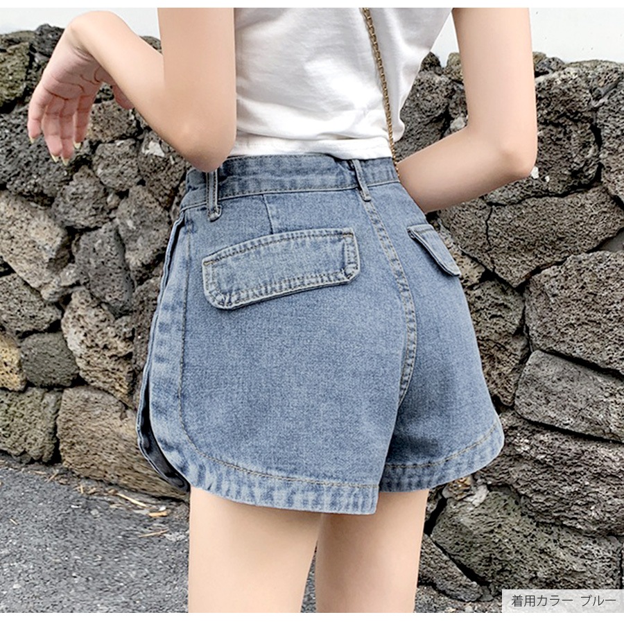 デニム ショートパンツ スリット 定番 ホットパンツ ポケット シンプル 脚長 パンツ カジュアル ミニ丈 ショート丈 韓国ファッション レディース 新作 春 夏 ブラック グレー ブルー S M L XL JOCOSA 9125