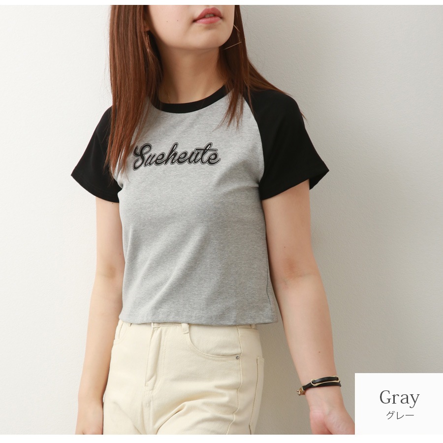 ロゴT Tシャツ トップス ショート丈 半袖 ロゴ バイカラー レディース 春 夏 秋 新作 グレー ブルー アイボリー M L XL JOCOSA 7219