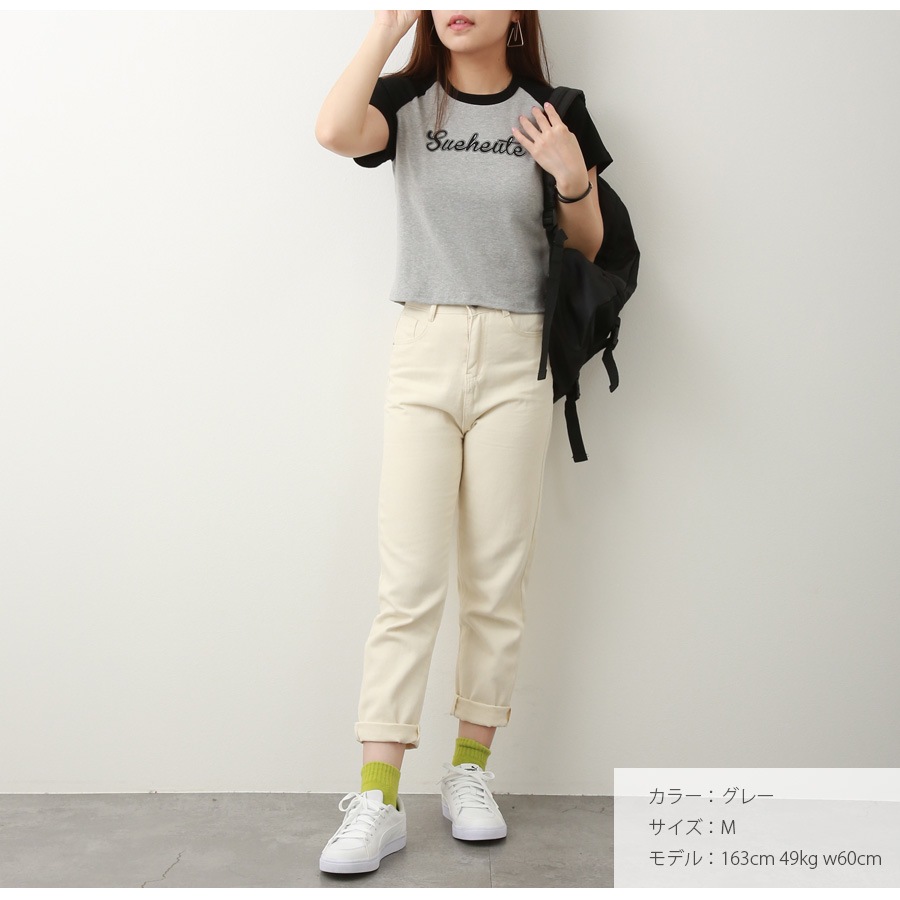 ロゴT Tシャツ トップス ショート丈 半袖 ロゴ バイカラー レディース 春 夏 秋 新作 グレー ブルー アイボリー M L XL JOCOSA 7219