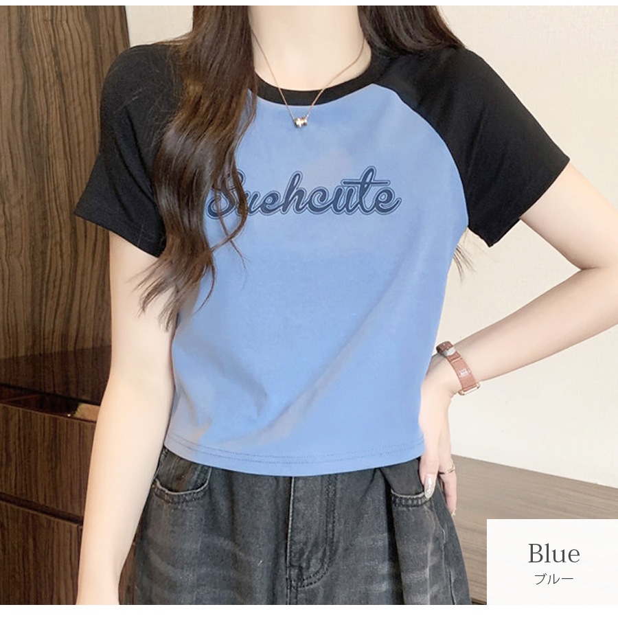 ロゴT Tシャツ トップス ショート丈 半袖 ロゴ バイカラー レディース 春 夏 秋 新作 グレー ブルー アイボリー M L XL JOCOSA 7219