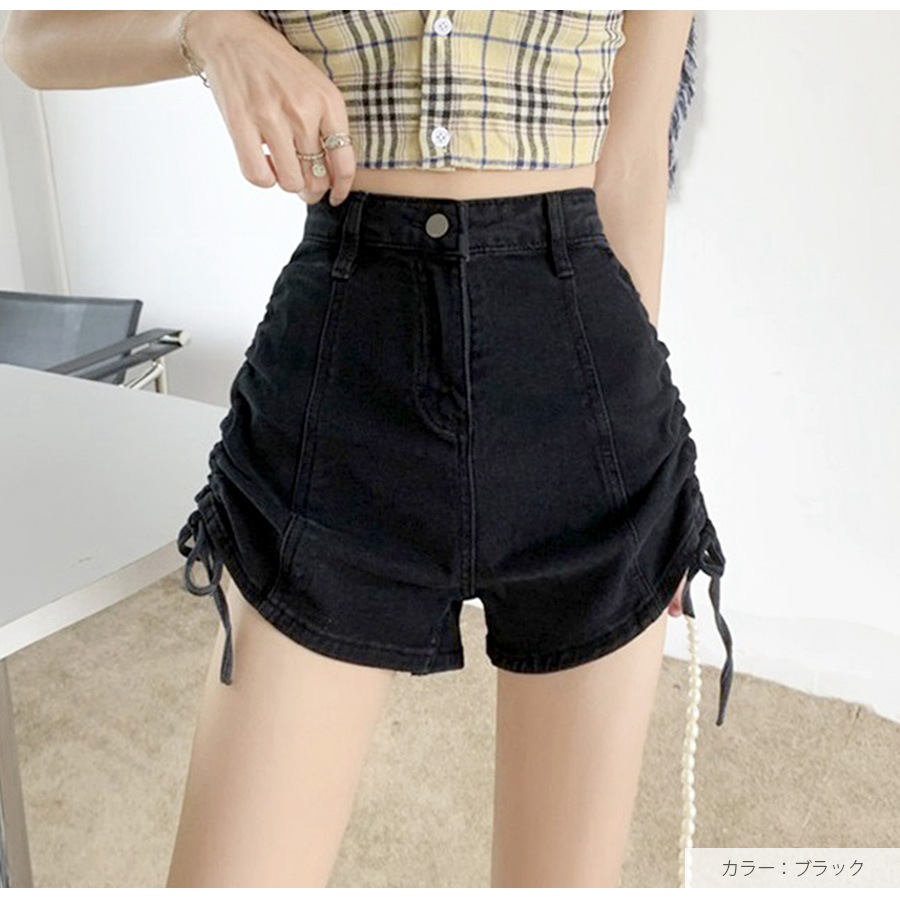 ショートパンツ デニム ハイウエスト 短パン ジーパン ドロスト 韓国ファッション レディース 新作 春 夏 秋 ブラック グレー ブルー S M L XL JOCOSA 9127