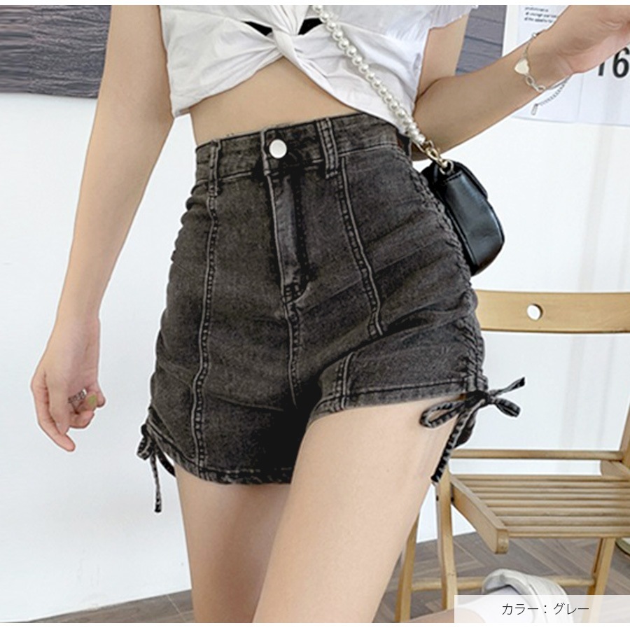 ショートパンツ デニム ハイウエスト 短パン ジーパン ドロスト 韓国ファッション レディース 新作 春 夏 秋 ブラック グレー ブルー S M L XL JOCOSA 9127
