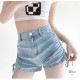 ショートパンツ デニム ハイウエスト 短パン ジーパン ドロスト 韓国ファッション レディース 新作 春 夏 秋 ブラック グレー ブルー S M L XL JOCOSA 9127