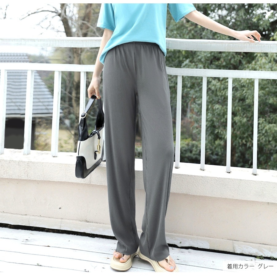 リラックスパンツ リブ ワイドパンツ 切りっぱなし 薄手 ストレート ロングパンツ ハイウエスト プリーツ ゆったり 定番 シンプル 韓国ファッション レディース 新作 春 夏 ブラック グレー グリーン アイボリー M L JOCOSA 9131