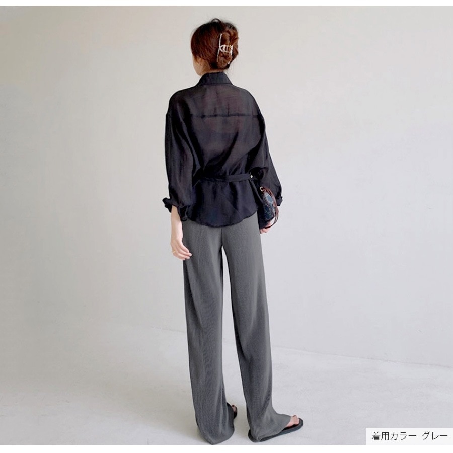 リラックスパンツ リブ ワイドパンツ 切りっぱなし 薄手 ストレート ロングパンツ ハイウエスト プリーツ ゆったり 定番 シンプル 韓国ファッション レディース 新作 春 夏 ブラック グレー グリーン アイボリー M L JOCOSA 9131