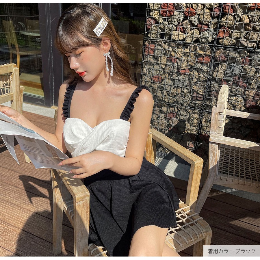 水着 体型カバー 韓国ファッション 夏 セクシー 胸元 フリル 背中見せ ワンピース スカート カシュクール キーホール パット付き カップ付き アジャスター シンプル 大人 おしゃれ レディース 春 秋 新作 ブラック 黒 ネイビー 紺 イエロー 黄色 M L JOCOSA 9802