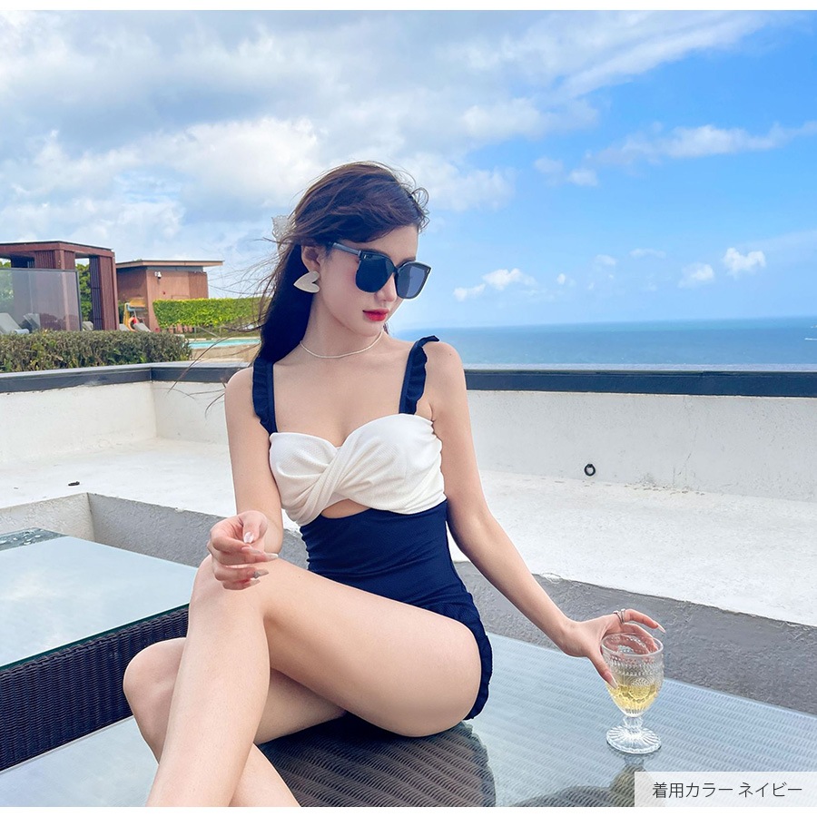 水着 体型カバー 韓国ファッション 夏 セクシー 胸元 フリル 背中見せ ワンピース スカート カシュクール キーホール パット付き カップ付き アジャスター シンプル 大人 おしゃれ レディース 春 秋 新作 ブラック 黒 ネイビー 紺 イエロー 黄色 M L JOCOSA 9802