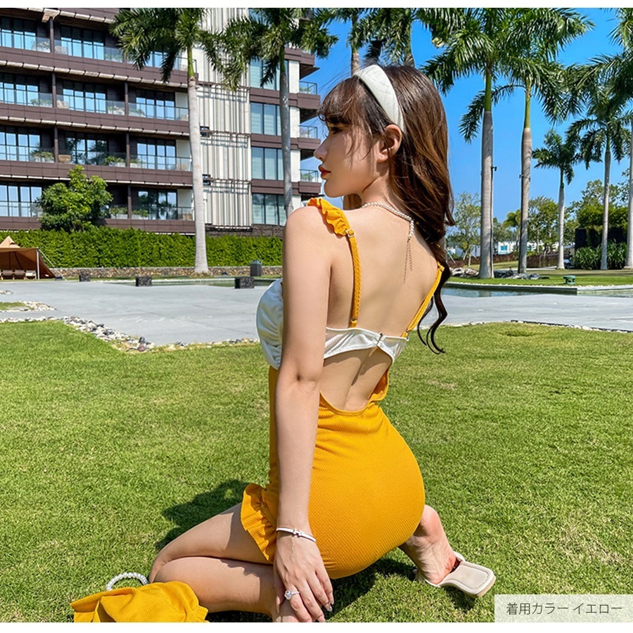 水着 体型カバー 韓国ファッション 夏 セクシー 胸元 フリル 背中見せ ワンピース スカート カシュクール キーホール パット付き カップ付き アジャスター シンプル 大人 おしゃれ レディース 春 秋 新作 ブラック 黒 ネイビー 紺 イエロー 黄色 M L JOCOSA 9802
