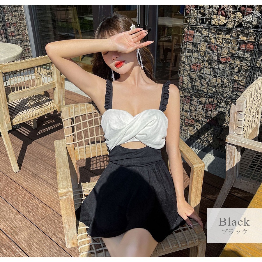 水着 体型カバー 韓国ファッション 夏 セクシー 胸元 フリル 背中見せ ワンピース スカート カシュクール キーホール パット付き カップ付き アジャスター シンプル 大人 おしゃれ レディース 春 秋 新作 ブラック 黒 ネイビー 紺 イエロー 黄色 M L JOCOSA 9802