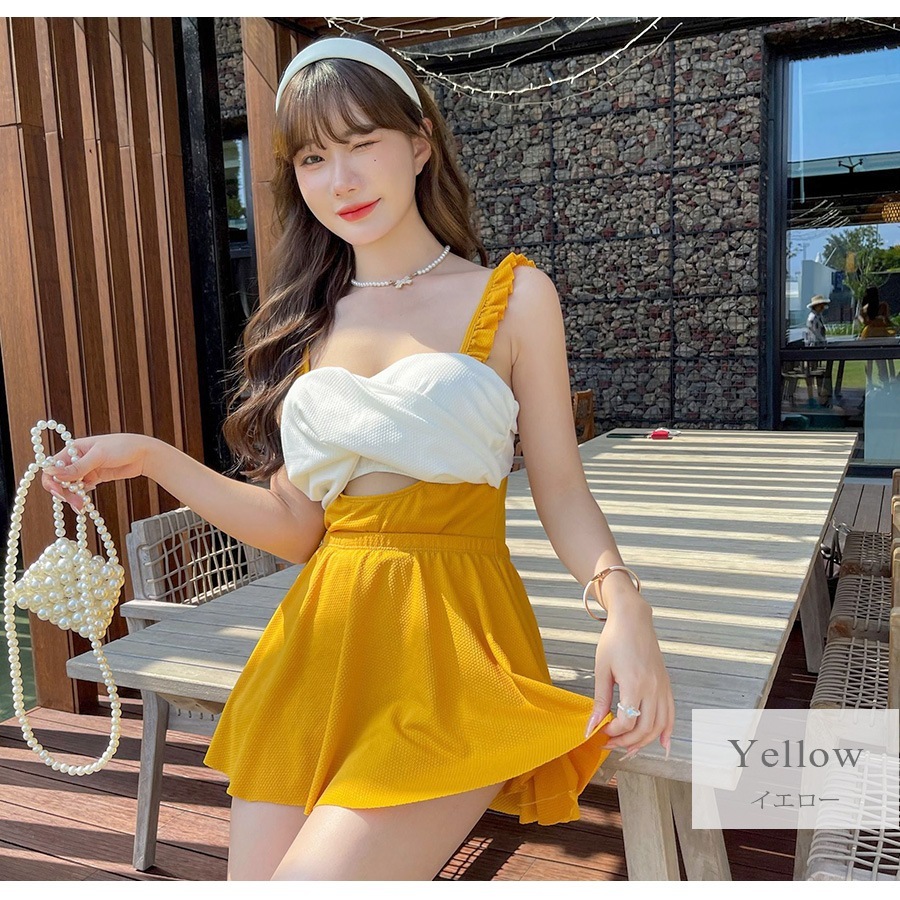 水着 体型カバー 韓国ファッション 夏 セクシー 胸元 フリル 背中見せ ワンピース スカート カシュクール キーホール パット付き カップ付き アジャスター シンプル 大人 おしゃれ レディース 春 秋 新作 ブラック 黒 ネイビー 紺 イエロー 黄色 M L JOCOSA 9802