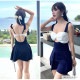 水着 体型カバー 韓国ファッション 夏 セクシー 胸元 フリル 背中見せ ワンピース スカート カシュクール キーホール パット付き カップ付き アジャスター シンプル 大人 おしゃれ レディース 春 秋 新作 ブラック 黒 ネイビー 紺 イエロー 黄色 M L JOCOSA 9802