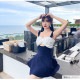 水着 体型カバー 韓国ファッション 夏 セクシー 胸元 フリル 背中見せ ワンピース スカート カシュクール キーホール パット付き カップ付き アジャスター シンプル 大人 おしゃれ レディース 春 秋 新作 ブラック 黒 ネイビー 紺 イエロー 黄色 M L JOCOSA 9802