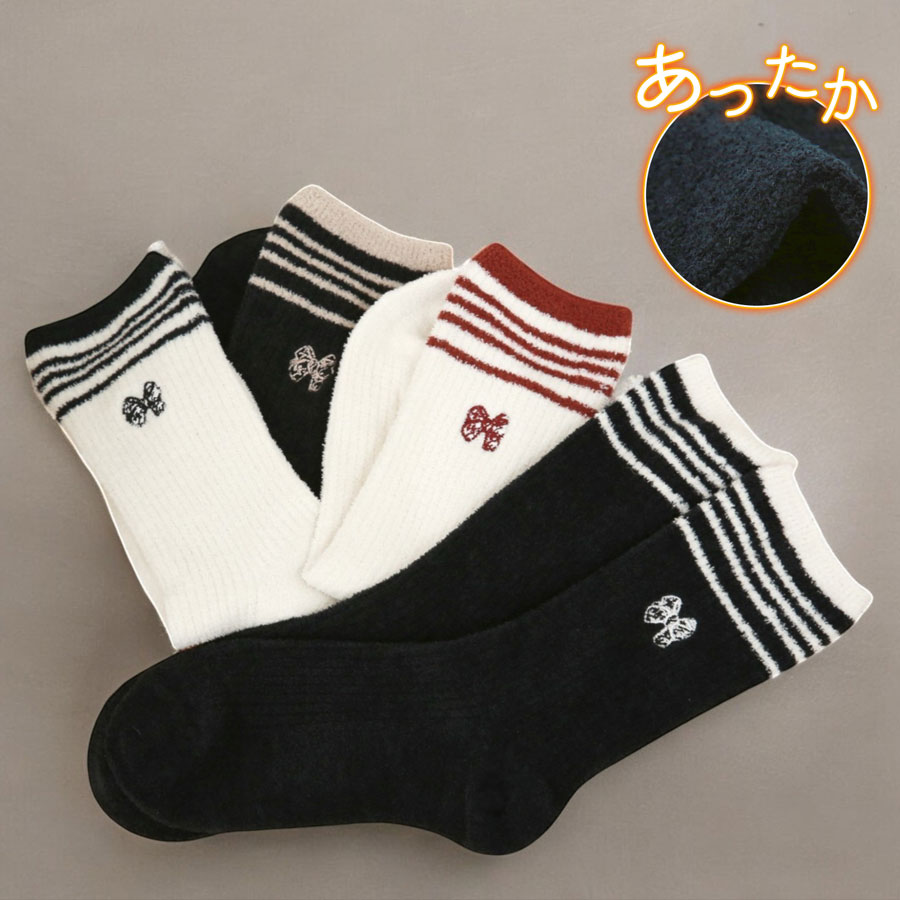 靴下 レディース もこもこ ルームソックス カジュアル 定番 毎日使い おしゃれ モコモコ くつ下 保湿 ワンポイント 学生 刺繍 リボン 厚手 JOCOSA 9469