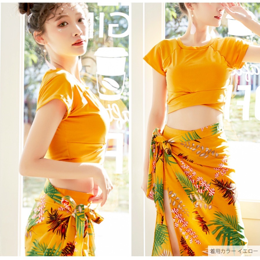 水着 3点セット セクシー 水着体型カバー タンキニ ビキニ 可愛い ママ水着 露出控えめ パッド付き ハイウエスト 半袖 スカート トップス パンツ パレオ 韓国ファッション 大人 かわいい デート レディース 春 イエロー ネイビー M L JOCOSA 9800