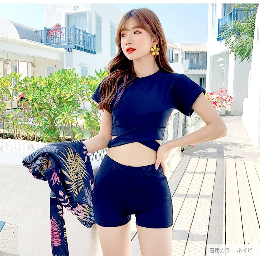 水着 3点セット セクシー 水着体型カバー タンキニ ビキニ 可愛い ママ水着 露出控えめ パッド付き ハイウエスト 半袖 スカート トップス パンツ パレオ 韓国ファッション 大人 かわいい デート レディース 春 イエロー ネイビー M L JOCOSA 9800