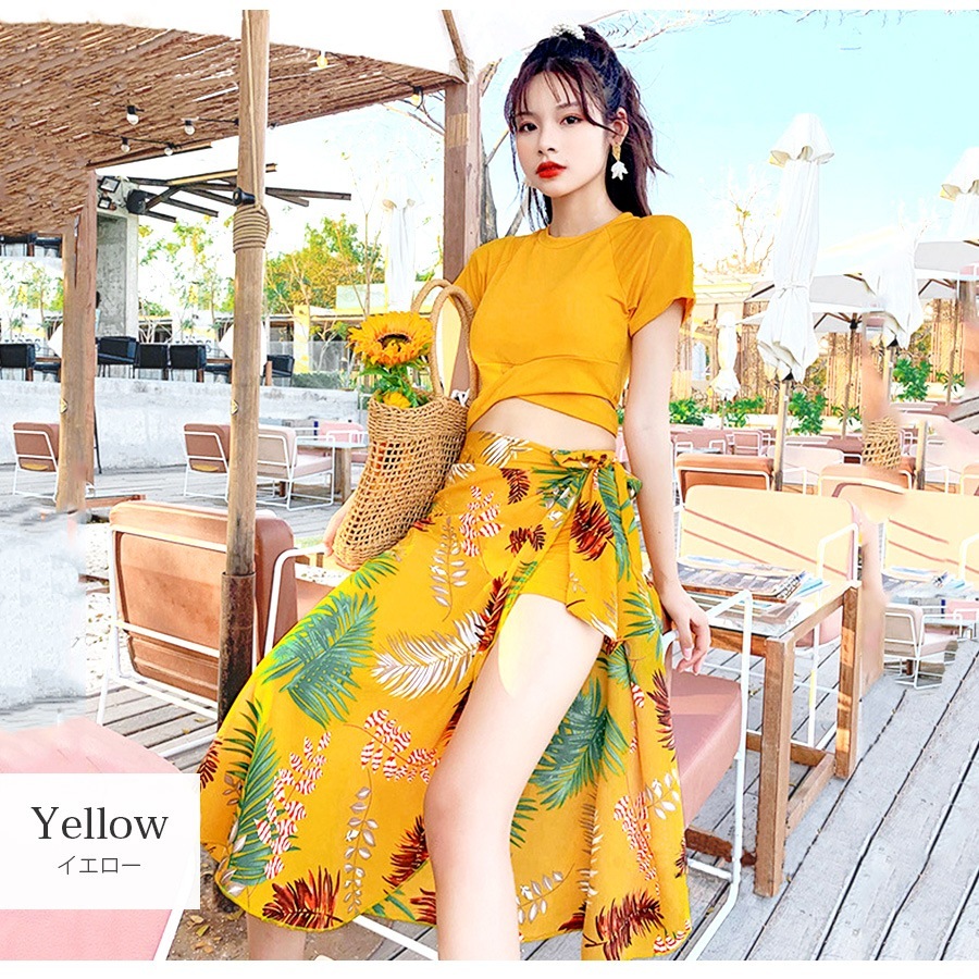 水着 3点セット セクシー 水着体型カバー タンキニ ビキニ 可愛い ママ水着 露出控えめ パッド付き ハイウエスト 半袖 スカート トップス パンツ パレオ 韓国ファッション 大人 かわいい デート レディース 春 イエロー ネイビー M L JOCOSA 9800