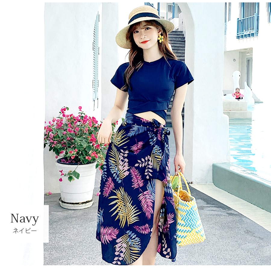 水着 3点セット セクシー 水着体型カバー タンキニ ビキニ 可愛い ママ水着 露出控えめ パッド付き ハイウエスト 半袖 スカート トップス パンツ パレオ 韓国ファッション 大人 かわいい デート レディース 春 イエロー ネイビー M L JOCOSA 9800