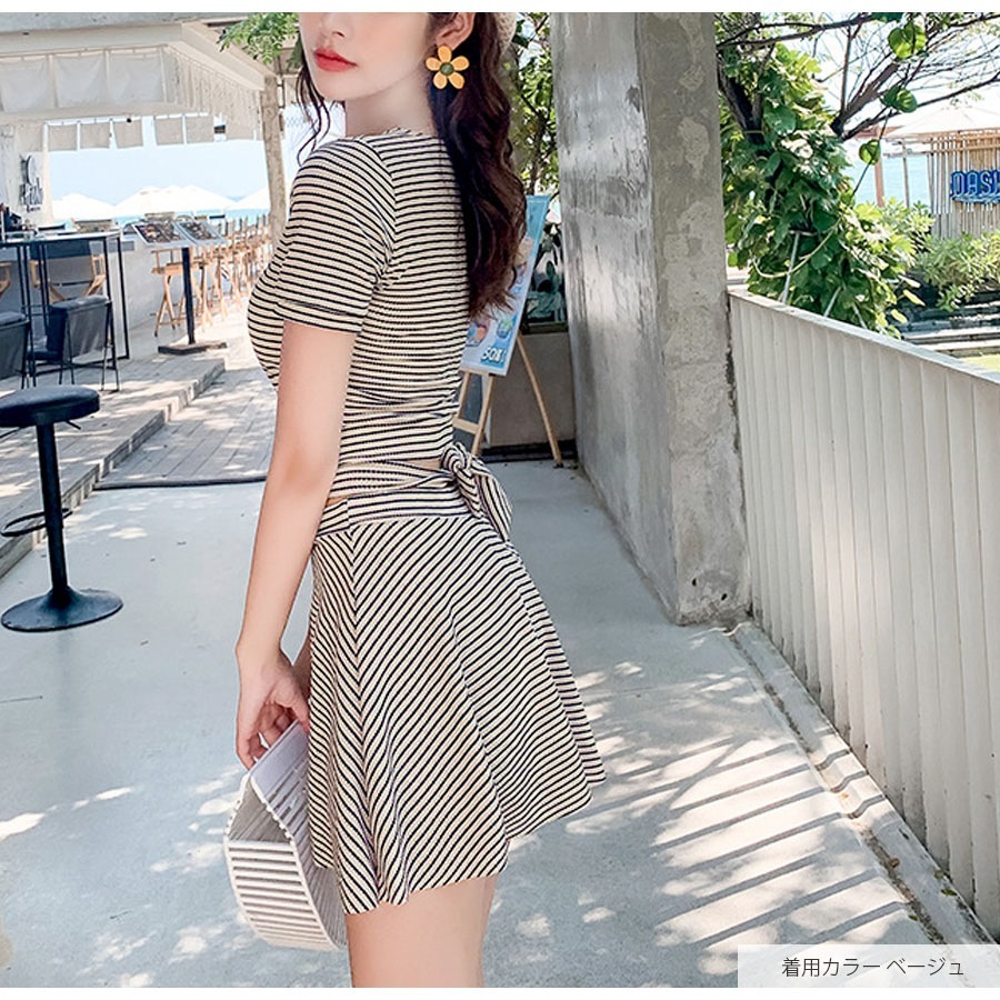 水着 上下2点セット 体型カバー ハイウエスト パッド付き 半袖 セパレート 大人 シンプル おしゃれ レディース 夏 グリーン ベージュ M L XL JOCOSA 9814