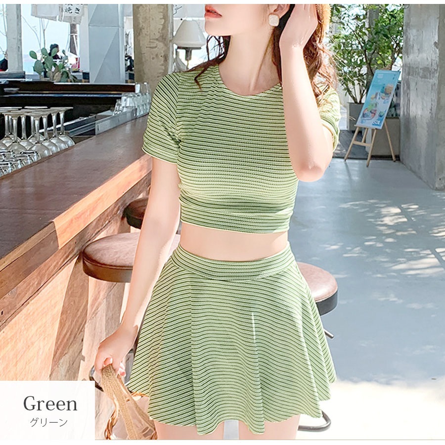 水着 上下2点セット 体型カバー ハイウエスト パッド付き 半袖 セパレート 大人 シンプル おしゃれ レディース 夏 グリーン ベージュ M L XL JOCOSA 9814