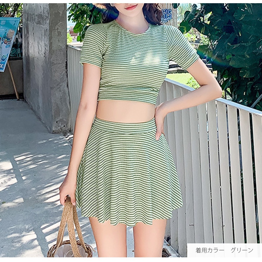 水着 上下2点セット 体型カバー ハイウエスト パッド付き 半袖 セパレート 大人 シンプル おしゃれ レディース 夏 グリーン ベージュ M L XL JOCOSA 9814