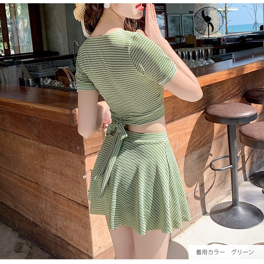 水着 上下2点セット 体型カバー ハイウエスト パッド付き 半袖 セパレート 大人 シンプル おしゃれ レディース 夏 グリーン ベージュ M L XL JOCOSA 9814