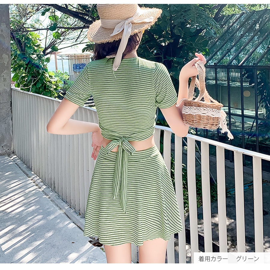 水着 上下2点セット 体型カバー ハイウエスト パッド付き 半袖 セパレート 大人 シンプル おしゃれ レディース 夏 グリーン ベージュ M L XL JOCOSA 9814