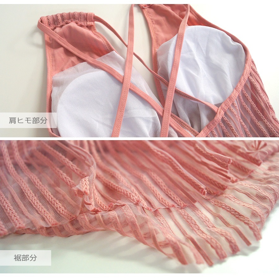 水着 ワンピース オールインワン シースルー ノースリーブ パッド付き キャミワンピ ストライプ カシュクール風 Vネック 水着体型カバー 膝丈 ショートパンツ 一体型 シンプル 韓国ファッション レディース 春 夏 新作 ブラック 黒 ピンク M L JOCOSA 9801