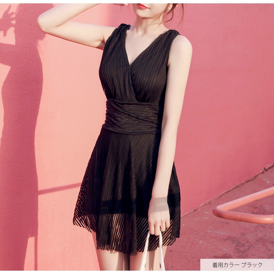 水着 ワンピース オールインワン シースルー ノースリーブ パッド付き キャミワンピ ストライプ カシュクール風 Vネック 水着体型カバー 膝丈 ショートパンツ 一体型 シンプル 韓国ファッション レディース 春 夏 新作 ブラック 黒 ピンク M L JOCOSA 9801