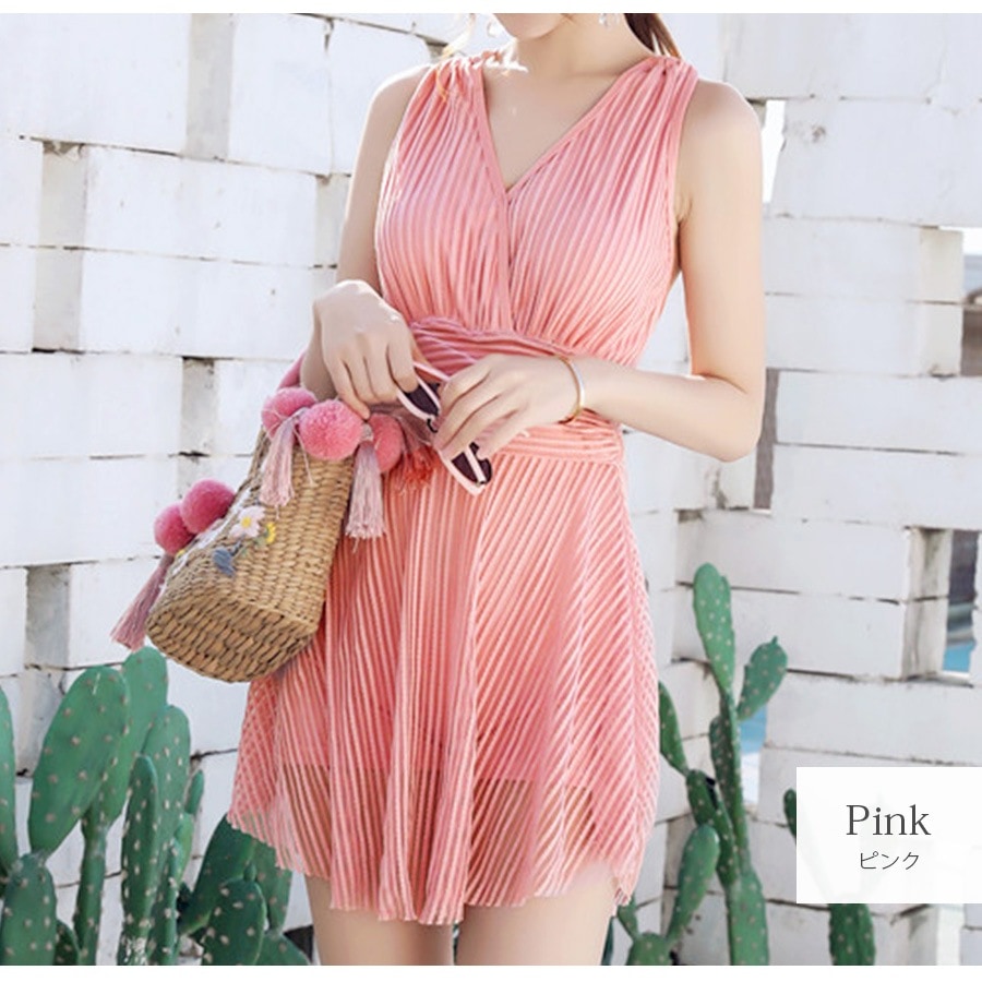 水着 ワンピース オールインワン シースルー ノースリーブ パッド付き キャミワンピ ストライプ カシュクール風 Vネック 水着体型カバー 膝丈 ショートパンツ 一体型 シンプル 韓国ファッション レディース 春 夏 新作 ブラック 黒 ピンク M L JOCOSA 9801