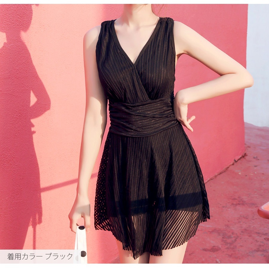 水着 ワンピース オールインワン シースルー ノースリーブ パッド付き キャミワンピ ストライプ カシュクール風 Vネック 水着体型カバー 膝丈 ショートパンツ 一体型 シンプル 韓国ファッション レディース 春 夏 新作 ブラック 黒 ピンク M L JOCOSA 9801