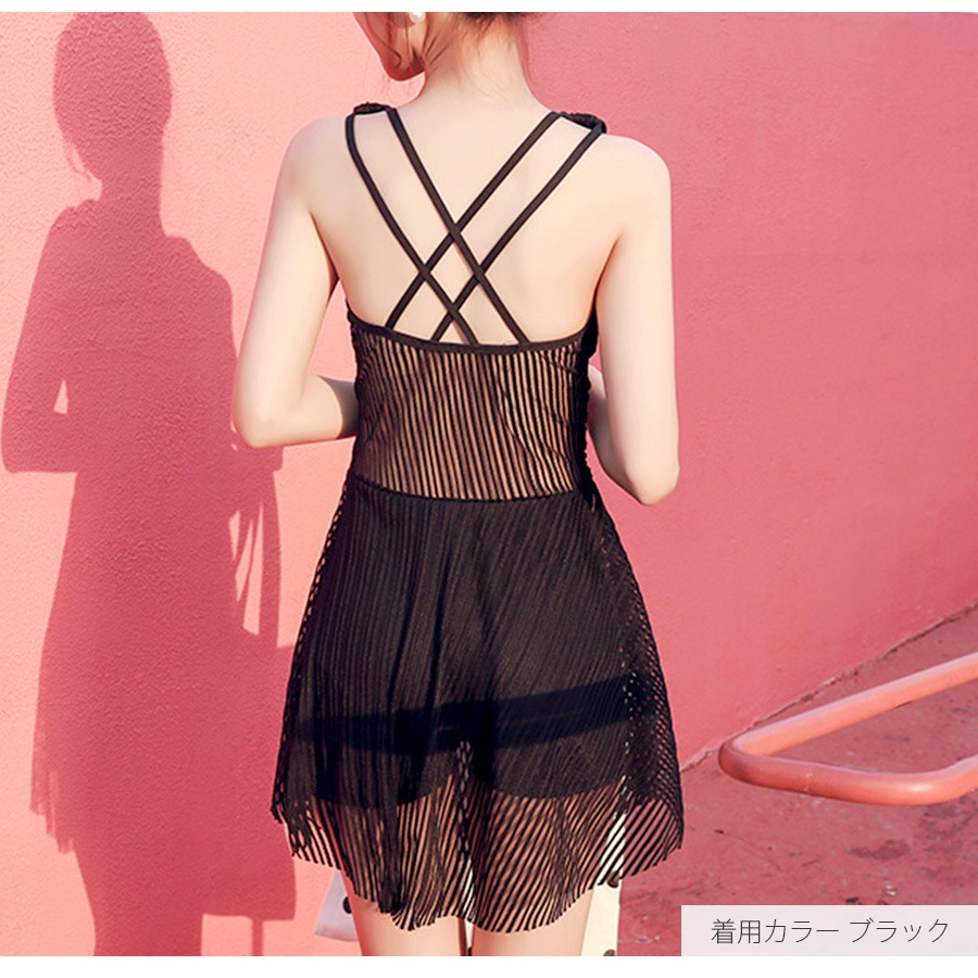 水着 ワンピース オールインワン シースルー ノースリーブ パッド付き キャミワンピ ストライプ カシュクール風 Vネック 水着体型カバー 膝丈 ショートパンツ 一体型 シンプル 韓国ファッション レディース 春 夏 新作 ブラック 黒 ピンク M L JOCOSA 9801