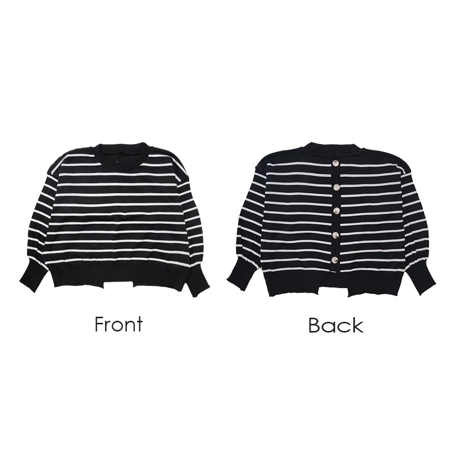 ニット バックボタン ショート丈 長袖 ボーダー 韓国ファッション 韓国 トップス 秋服 カジュアル 大人 プチプラ 春 秋 新作 ブラック 黒 ホワイト 白 ピンク ベージュ ネイビー 紺 ブラウン 茶 フリーサイズ JOCOSA 7043