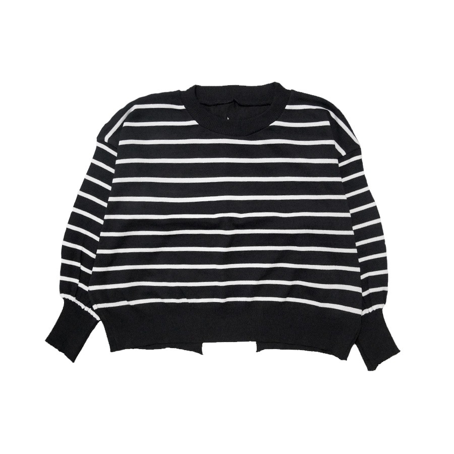 ニット バックボタン ショート丈 長袖 ボーダー 韓国ファッション 韓国 トップス 秋服 カジュアル 大人 プチプラ 春 秋 新作 ブラック 黒 ホワイト 白 ピンク ベージュ ネイビー 紺 ブラウン 茶 フリーサイズ JOCOSA 7043