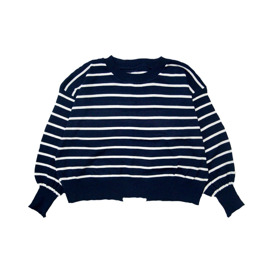 ニット バックボタン ショート丈 長袖 ボーダー 韓国ファッション 韓国 トップス 秋服 カジュアル 大人 プチプラ 春 秋 新作 ブラック 黒 ホワイト 白 ピンク ベージュ ネイビー 紺 ブラウン 茶 フリーサイズ JOCOSA 7043