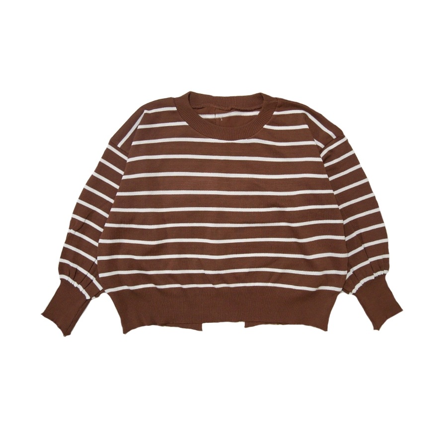 ニット バックボタン ショート丈 長袖 ボーダー 韓国ファッション 韓国 トップス 秋服 カジュアル 大人 プチプラ 春 秋 新作 ブラック 黒 ホワイト 白 ピンク ベージュ ネイビー 紺 ブラウン 茶 フリーサイズ JOCOSA 7043