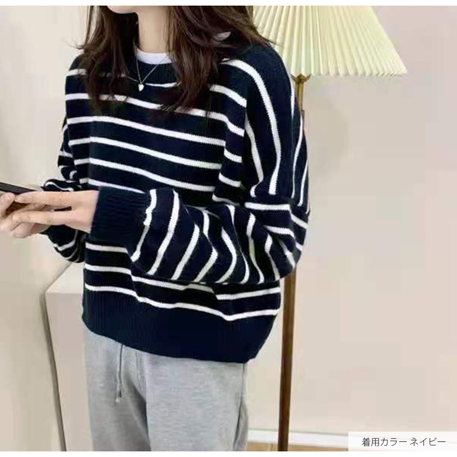 ニット バックボタン ショート丈 長袖 ボーダー 韓国ファッション 韓国 トップス 秋服 カジュアル 大人 プチプラ 春 秋 新作 ブラック 黒 ホワイト 白 ピンク ベージュ ネイビー 紺 ブラウン 茶 フリーサイズ JOCOSA 7043