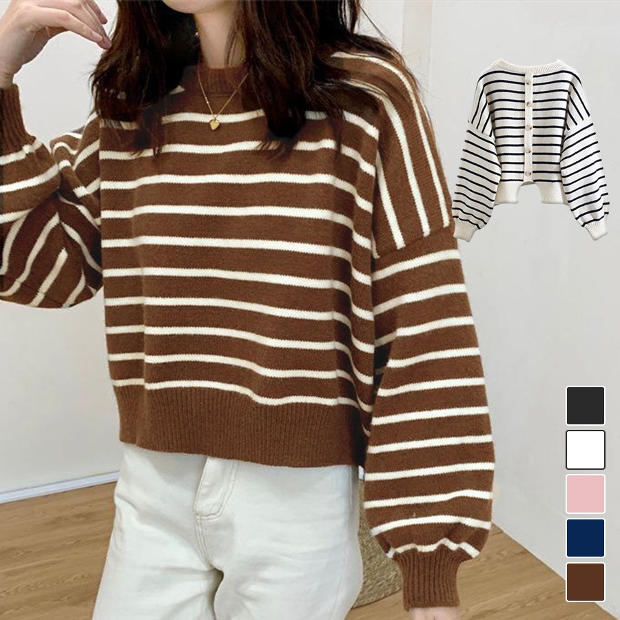 ニット バックボタン ショート丈 長袖 ボーダー 韓国ファッション 韓国 トップス 秋服 カジュアル 大人 プチプラ 春 秋 新作 ブラック 黒 ホワイト 白 ピンク ベージュ ネイビー 紺 ブラウン 茶 フリーサイズ JOCOSA 7043