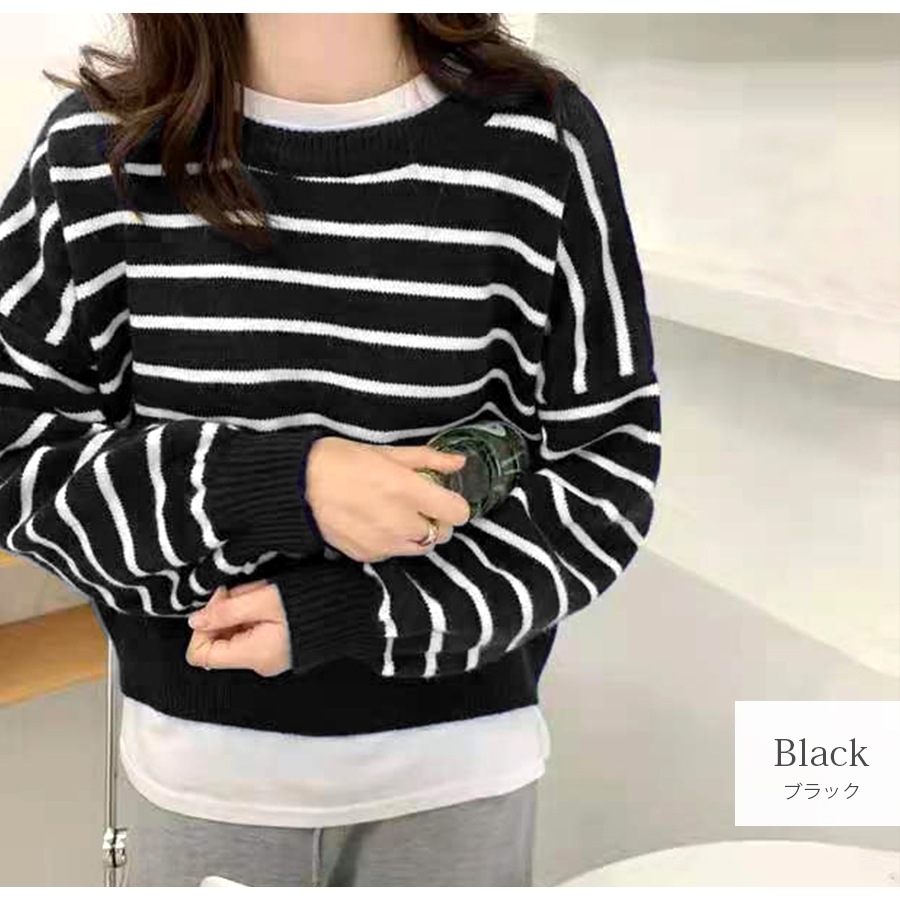 ニット バックボタン ショート丈 長袖 ボーダー 韓国ファッション 韓国 トップス 秋服 カジュアル 大人 プチプラ 春 秋 新作 ブラック 黒 ホワイト 白 ピンク ベージュ ネイビー 紺 ブラウン 茶 フリーサイズ JOCOSA 7043